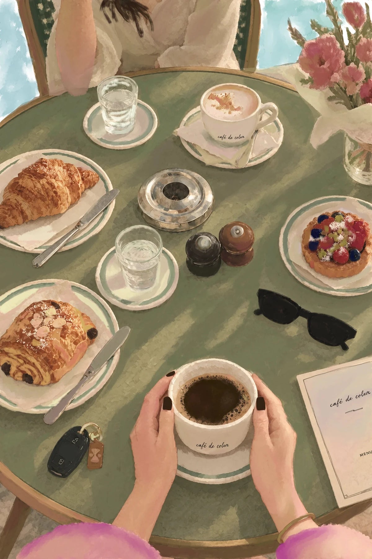 Overhead view of coffee and breakfast on a table, styled for Pour Over