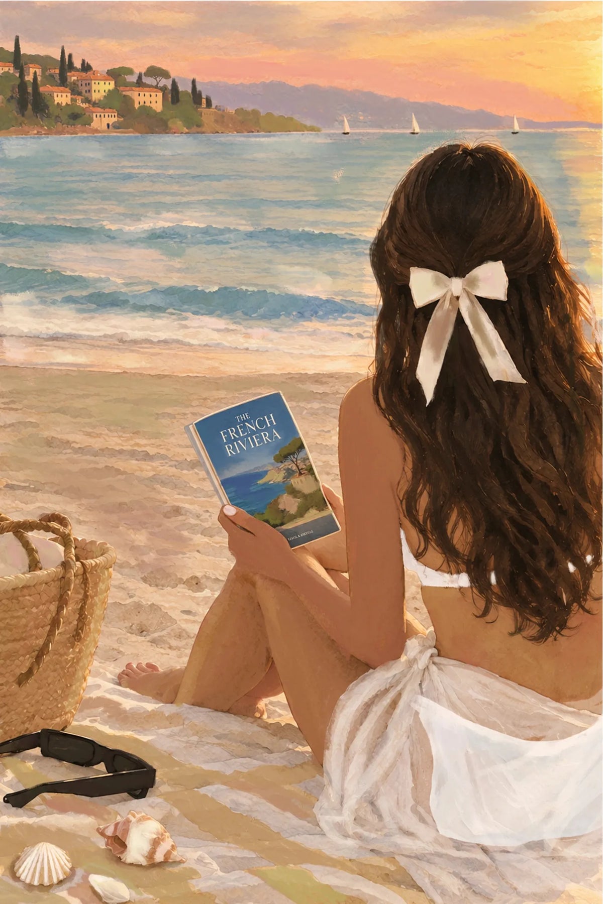 Illustrated beach scene with a woman in a white bow, styled for Snow Problem