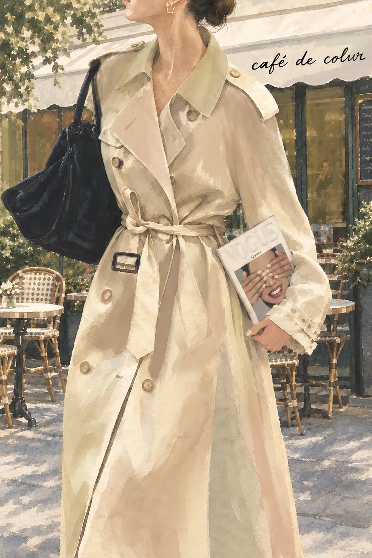 Woman in a beige trench coat on a city street, styled for Beige, Please