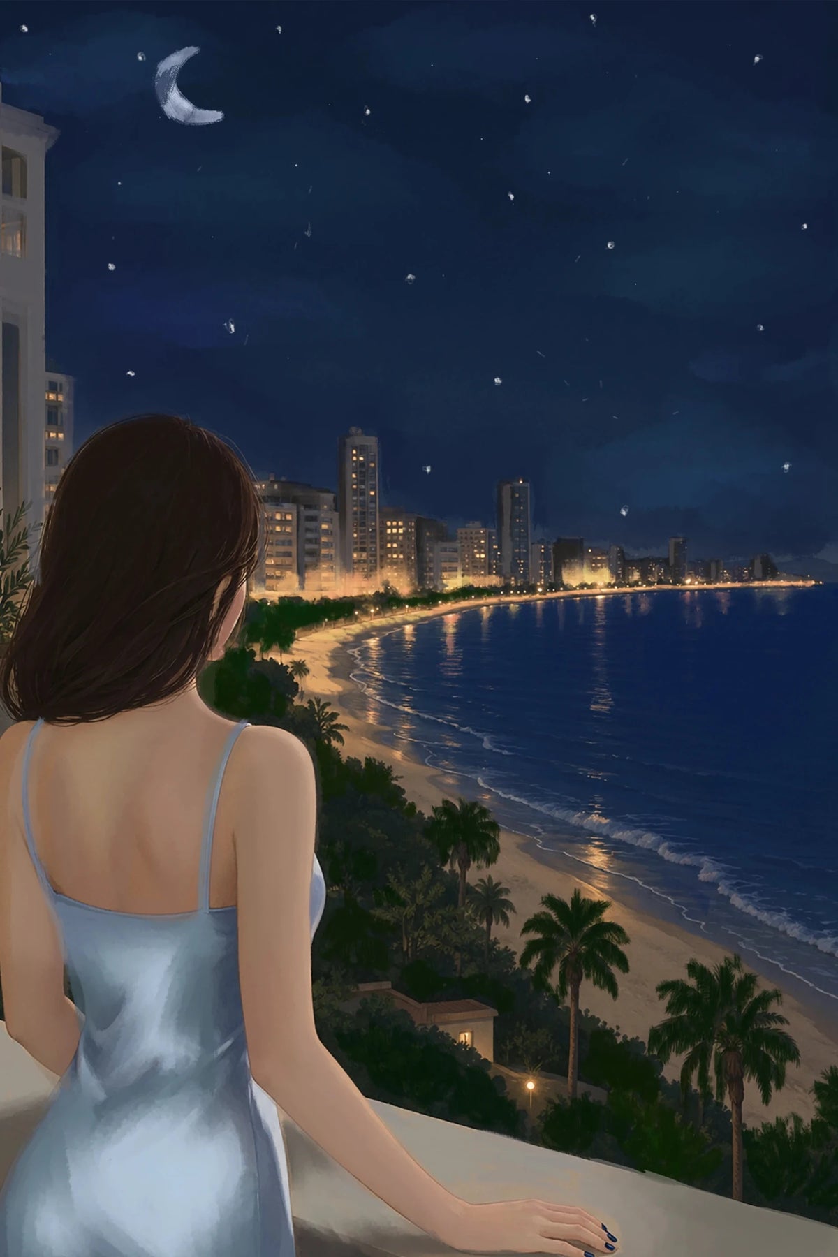 Illustrated night city skyline with a woman by the water, styled for Midnight, Maybe