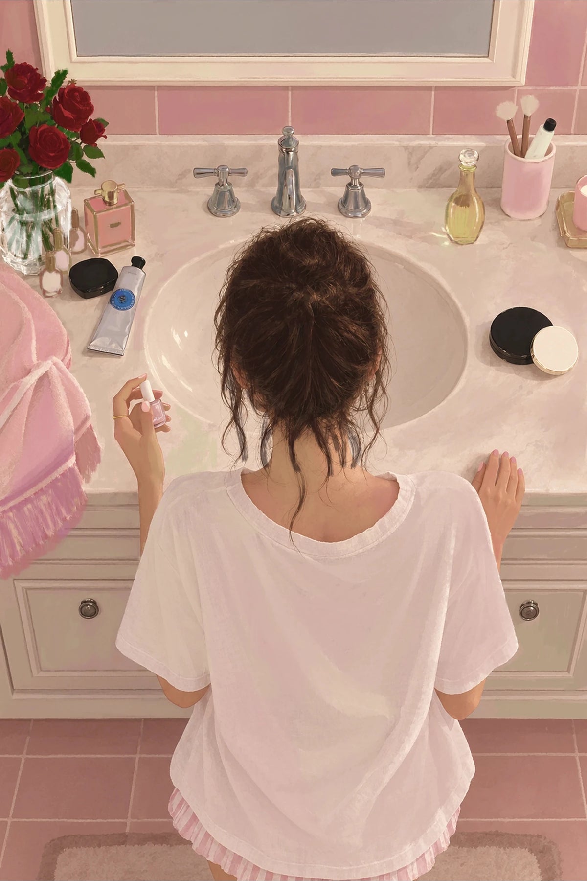Illustrated mood image of a girl at a pink vanity, styled for No Second Thoughts